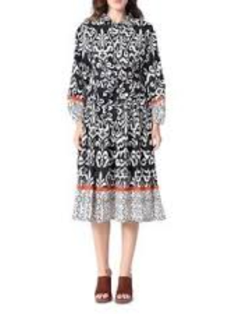 $ 142 Gracia Bohemian Ikat Tiered Shirt Dress Black White Red Trim
